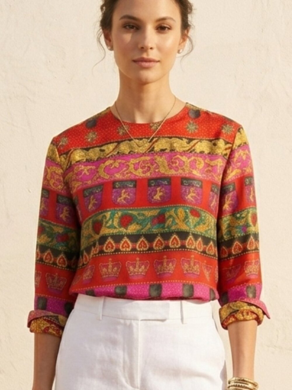 VTG Dana Buchman 100% Silk Regal Crest Baroque Print Long Sleeve Blouse Sz 8
